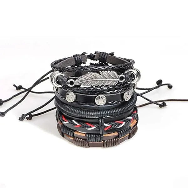 Set_of_5_Black_Base_Metal_Leather_Dyed_Rope_Multi_Strand_Wrist_Band_Bracelet_for_Men_&_Women