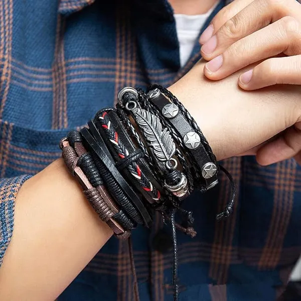 Set_of_5_Black_Base_Metal_Leather_Dyed_Rope_Multi_Strand_Wrist_Band_Bracelet_for_Men_&_Women