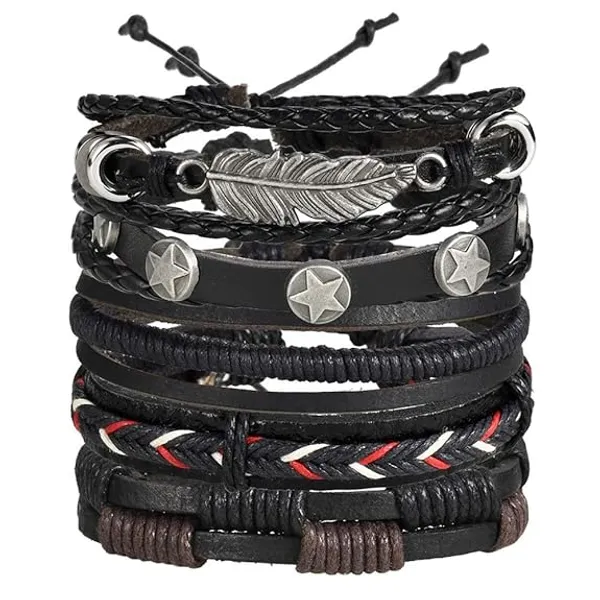 Set_of_5_Black_Base_Metal_Leather_Dyed_Rope_Multi_Strand_Wrist_Band_Bracelet_for_Men_&_Women