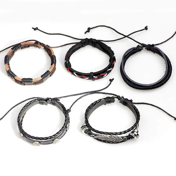 Set_of_5_Black_Base_Metal_Leather_Dyed_Rope_Multi_Strand_Wrist_Band_Bracelet_for_Men_&_Women
