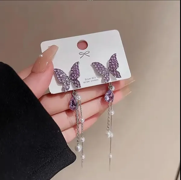 Pack_Of_2__Korean_Studded_Butterfly_Tassel_Earrings_Purple_And_Black_Alloy_Drops_And_Danglers_For_Women