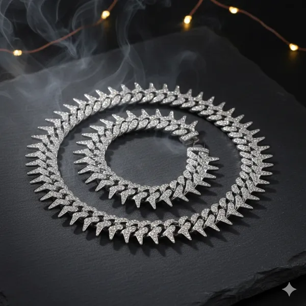 Pack_Of_2_Thorn_Necklace,_Densely_Set_Moissanite_Cuban_Chain,_Luxurious_for_Special_Celebrations_or_Achievements,Fathers_Day_From_Wife__Silver_Cuban_Bracelet_Chain