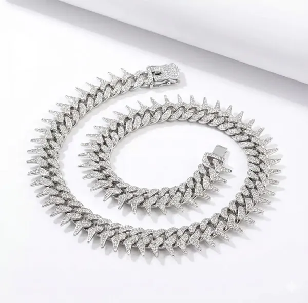 Pack_Of_2_Thorn_Necklace,_Densely_Set_Moissanite_Cuban_Chain,_Luxurious_for_Special_Celebrations_or_Achievements,Fathers_Day_From_Wife__Silver_Cuban_Bracelet_Chain