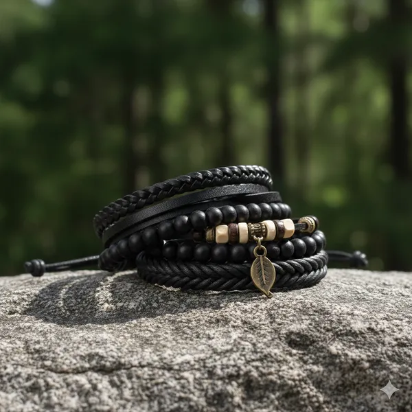 Pack_Of_4_Men’s_Black_Leather_Bracelet_Set_–_Multilayer_Beaded_Wristband_with_Leaf_Charm_Black_Leather_Bracelet_For_Men
