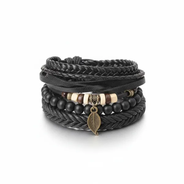 Pack_Of_4_Men’s_Black_Leather_Bracelet_Set_–_Multilayer_Beaded_Wristband_with_Leaf_Charm_Black_Leather_Bracelet_For_Men