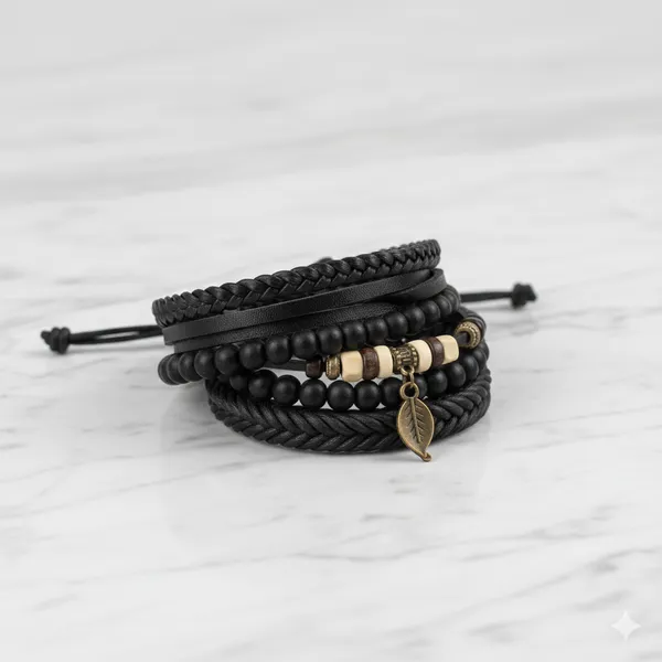 Pack_Of_4_Men’s_Black_Leather_Bracelet_Set_–_Multilayer_Beaded_Wristband_with_Leaf_Charm_Black_Leather_Bracelet_For_Men