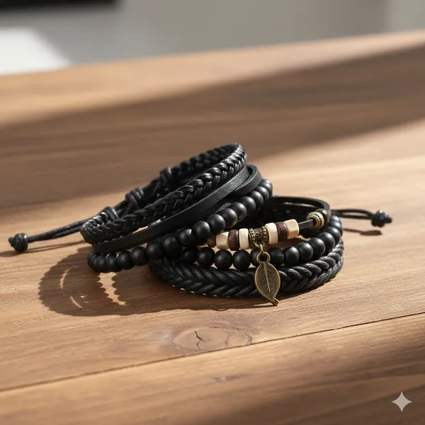 Pack_Of_4_Men’s_Black_Leather_Bracelet_Set_–_Multilayer_Beaded_Wristband_with_Leaf_Charm_Black_Leather_Bracelet_For_Men