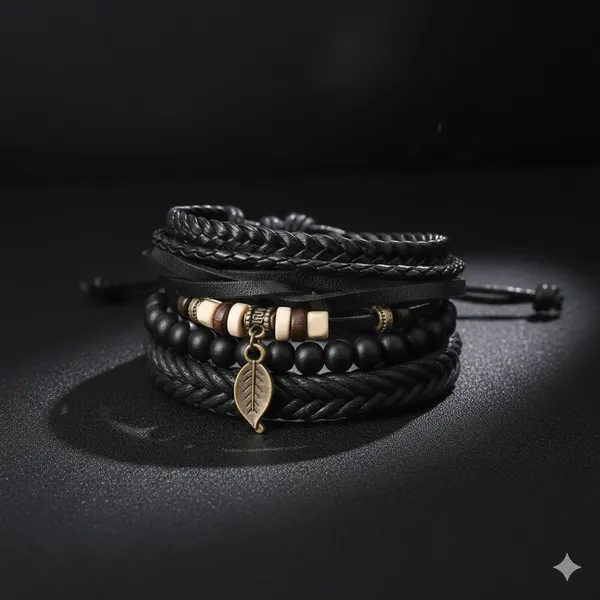 Pack_Of_4_Men’s_Black_Leather_Bracelet_Set_–_Multilayer_Beaded_Wristband_with_Leaf_Charm_Black_Leather_Bracelet_For_Men