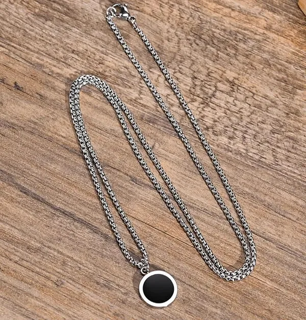 2_Pcs_Silver_Plated_Stainless_Steel_Box_Chain_With_Dripping_Glue_Black_Geometric_Round_Enamel_Sand_Natural_Stone_Shell_Male_Punk_Minimalist_Pendant_Locket_Necklace_For_Men's_&_Boy