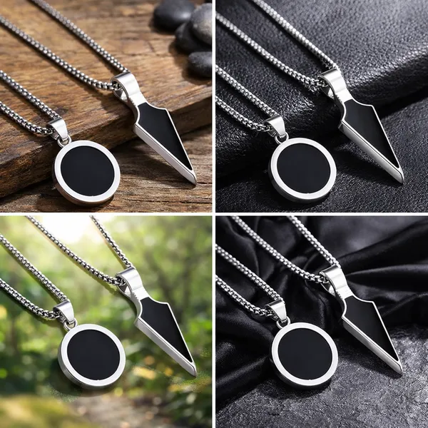 2_Pcs_Silver_Plated_Stainless_Steel_Box_Chain_With_Dripping_Glue_Black_Geometric_Round_Enamel_Sand_Natural_Stone_Shell_Male_Punk_Minimalist_Pendant_Locket_Necklace_For_Men's_&_Boy