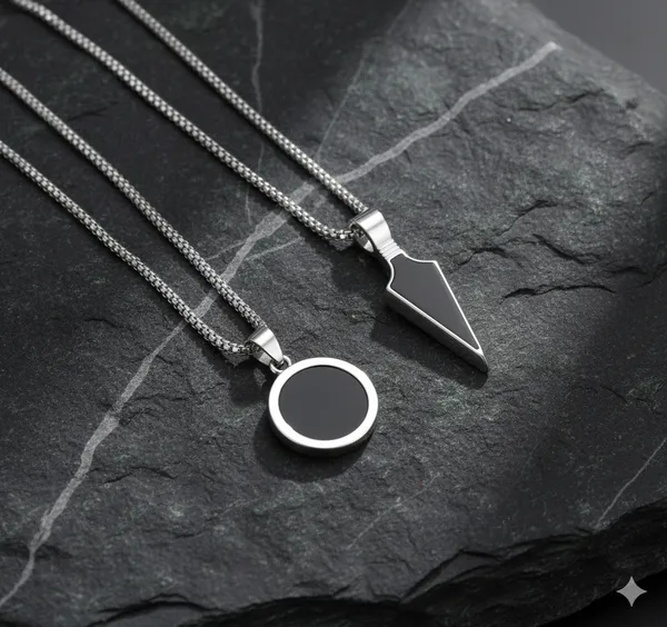 2_Pcs_Silver_Plated_Stainless_Steel_Box_Chain_With_Dripping_Glue_Black_Geometric_Round_Enamel_Sand_Natural_Stone_Shell_Male_Punk_Minimalist_Pendant_Locket_Necklace_For_Men's_&_Boy