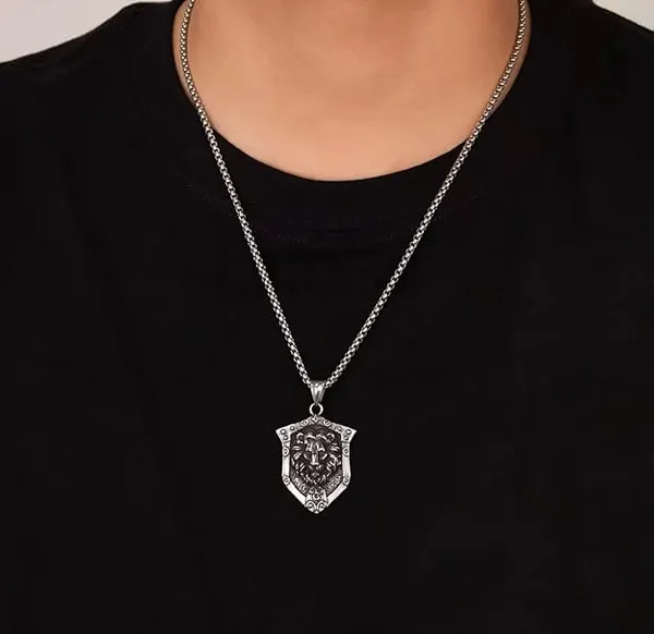 Lion_Head_Pendant_Necklace_for_Men_|_Shield_Design_Warrior_Amulet_|_Stainless_Steel_Courage_Symbol_Chain_|_Gothic_Viking_Jewelry_for_Boys_&_Men