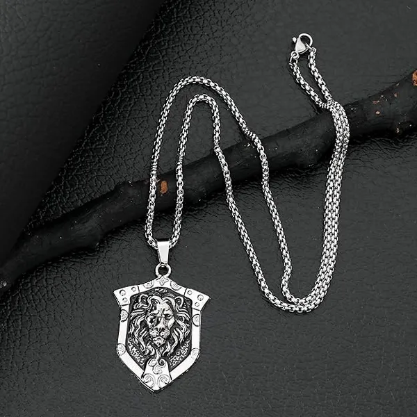 Lion_Head_Pendant_Necklace_for_Men_|_Shield_Design_Warrior_Amulet_|_Stainless_Steel_Courage_Symbol_Chain_|_Gothic_Viking_Jewelry_for_Boys_&_Men