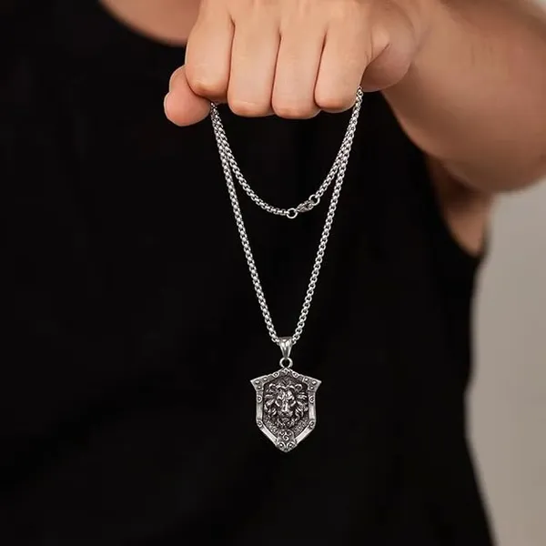 Lion_Head_Pendant_Necklace_for_Men_|_Shield_Design_Warrior_Amulet_|_Stainless_Steel_Courage_Symbol_Chain_|_Gothic_Viking_Jewelry_for_Boys_&_Men