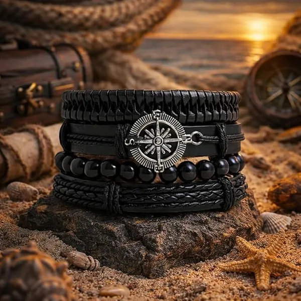 Pack_Of_4__Men's_Oxidised_Silver_Leather_Black_Beads_Bracelet