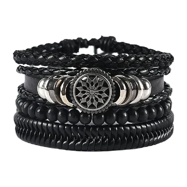 Pack_Of_4__Men's_Oxidised_Silver_Leather_Black_Beads_Bracelet