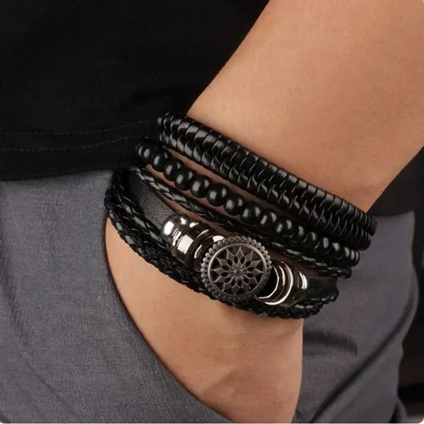 4_Pcs_Set_Braided_Black_Bracelet_Gift_For_Men_Black_Leather_Bracelet_For_Men__Adjustable