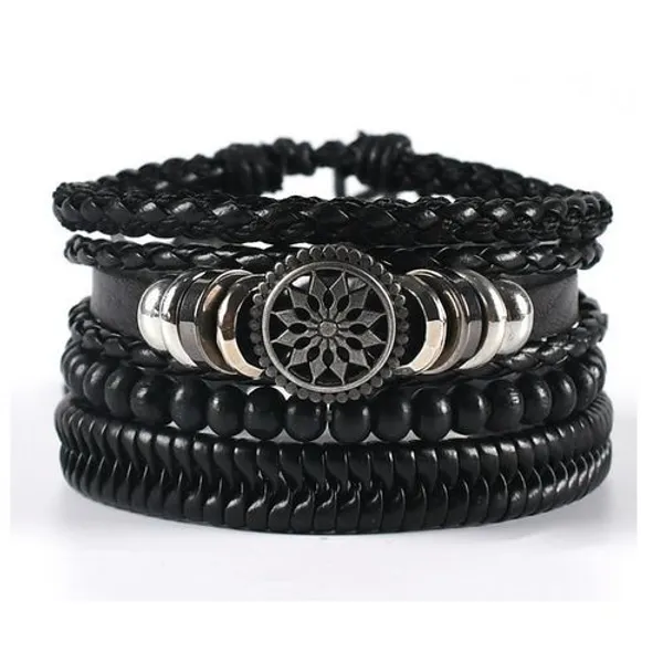 4_Pcs_Set_Braided_Black_Bracelet_Gift_For_Men_Black_Leather_Bracelet_For_Men__Adjustable