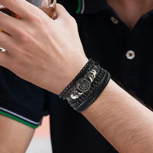 4_Pcs_Set_Braided_Black_Bracelet_Gift_For_Men_Black_Leather_Bracelet_For_Men__Adjustable