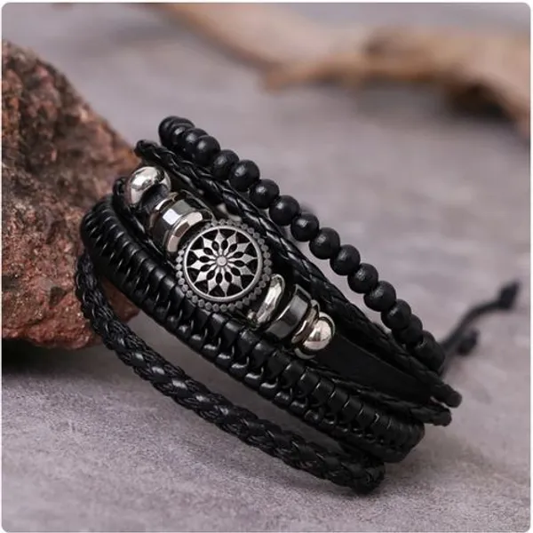 4_Pcs_Set_Braided_Black_Bracelet_Gift_For_Men_Black_Leather_Bracelet_For_Men__Adjustable
