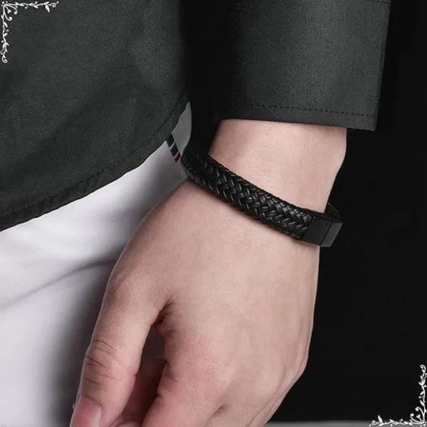 Men_Bracelet_Leather,_Black_Gothic_Punk_Bracelets_with_Stainless-Steel_Clasp,_Braided_Gothic_Couples_Bracelets_for_Husband