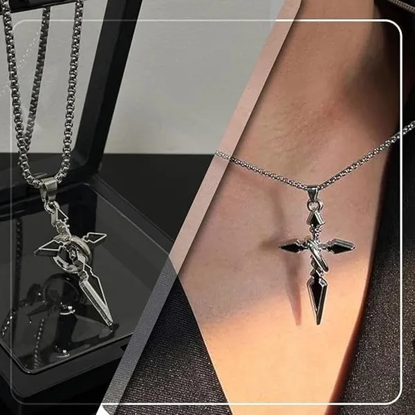 Pack_Of_2__Stainless_Steel_Arrow_Cross_Pendant_Necklace_|_Gothic_Black_Silver_Locket_Chain_Jewelry_for_Boys_|_Punk_Biker_Style_Accessory_for_Boys_&_Gifting