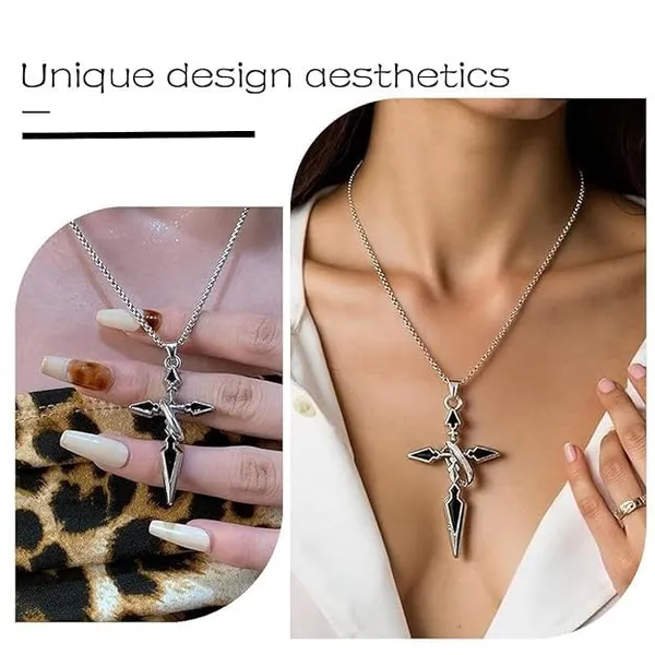 Pack_Of_2__Stainless_Steel_Arrow_Cross_Pendant_Necklace_|_Gothic_Black_Silver_Locket_Chain_Jewelry_for_Boys_|_Punk_Biker_Style_Accessory_for_Boys_&_Gifting