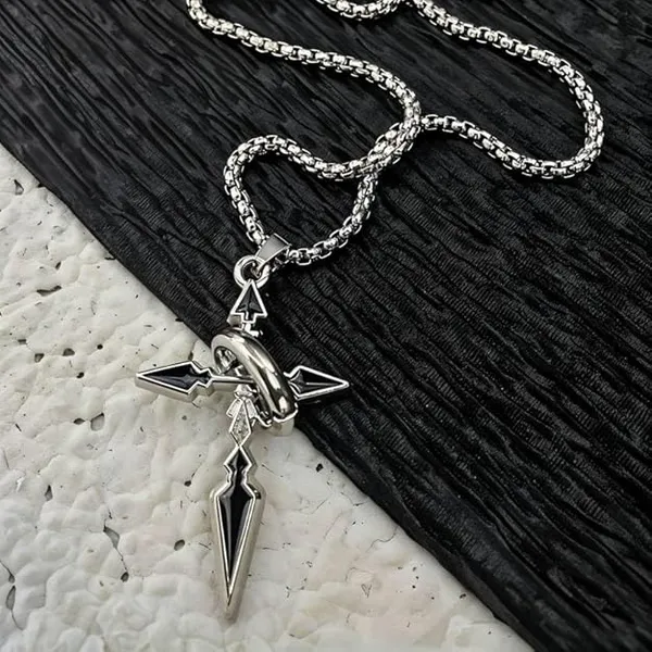 Pack_Of_2__Stainless_Steel_Arrow_Cross_Pendant_Necklace_|_Gothic_Black_Silver_Locket_Chain_Jewelry_for_Boys_|_Punk_Biker_Style_Accessory_for_Boys_&_Gifting