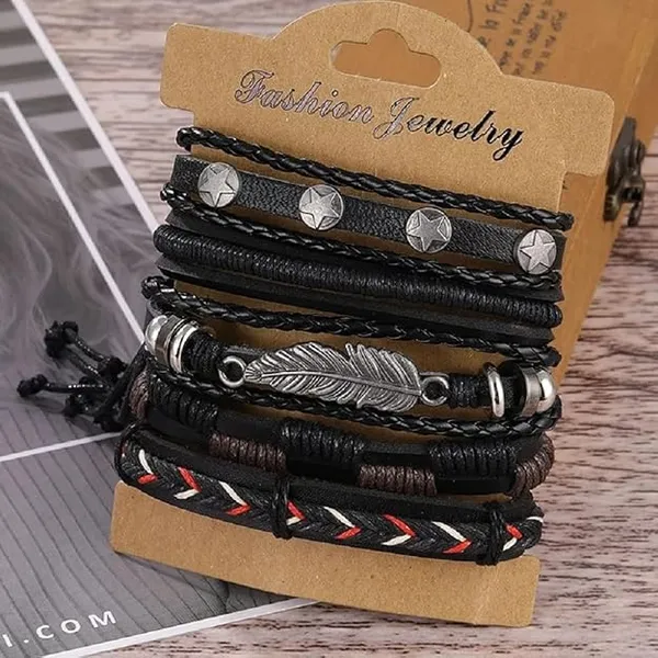 Pack_of_4_Bracelets_for_Man_Men_Boys_Girls_Women_Black_Leather_Bracelet_for_Men_|_Hand_Adjustable_Leather_Wrap_|_Birthday_Gift_Husband_Wrist_|_Hand_Band_for_Boys