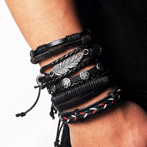 Pack_of_4_Bracelets_for_Man_Men_Boys_Girls_Women_Black_Leather_Bracelet_for_Men_|_Hand_Adjustable_Leather_Wrap_|_Birthday_Gift_Husband_Wrist_|_Hand_Band_for_Boys