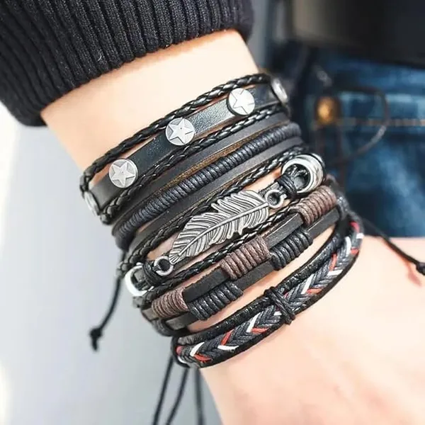 Pack_of_4_Bracelets_for_Man_Men_Boys_Girls_Women_Black_Leather_Bracelet_for_Men_|_Hand_Adjustable_Leather_Wrap_|_Birthday_Gift_Husband_Wrist_|_Hand_Band_for_Boys