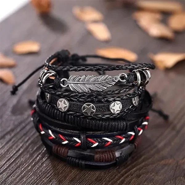 Pack_of_4_Bracelets_for_Man_Men_Boys_Girls_Women_Black_Leather_Bracelet_for_Men_|_Hand_Adjustable_Leather_Wrap_|_Birthday_Gift_Husband_Wrist_|_Hand_Band_for_Boys