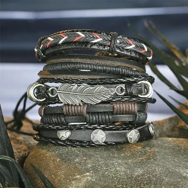 Pack_of_4_Bracelets_for_Man_Men_Boys_Girls_Women_Black_Leather_Bracelet_for_Men_|_Hand_Adjustable_Leather_Wrap_|_Birthday_Gift_Husband_Wrist_|_Hand_Band_for_Boys