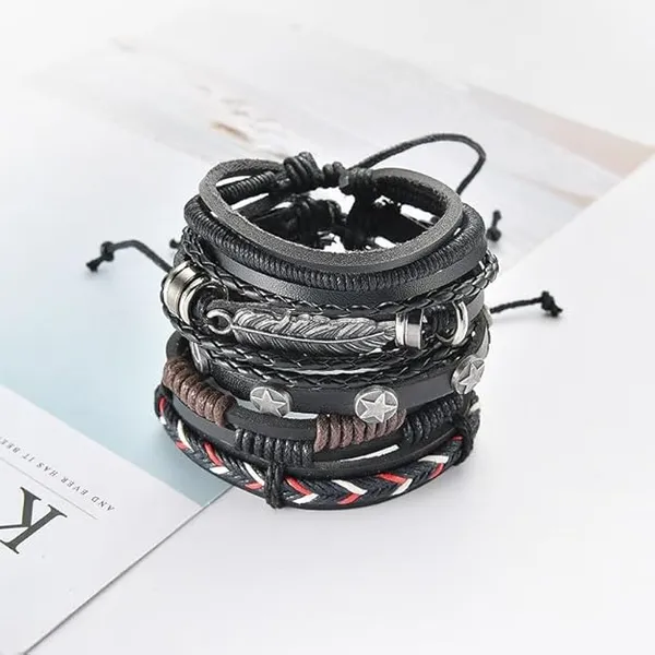 Pack_of_4_Bracelets_for_Man_Men_Boys_Girls_Women_Black_Leather_Bracelet_for_Men_|_Hand_Adjustable_Leather_Wrap_|_Birthday_Gift_Husband_Wrist_|_Hand_Band_for_Boys