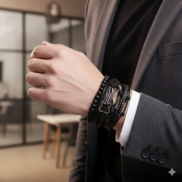 Men's_Multi_Layer_Black_Leather_Bracelet_with_Cross_Charm_|_Adjustable_Wrap_Wrist_Band_|_Stylish_Casual_&_Party_Wear_Bracelet_for_Boys_&_Men_|Black_And_Brown_Leather_Bracelet_For_Men_Pack_Of_4