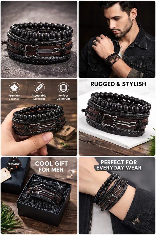 Men's_Multi_Layer_Black_Leather_Bracelet_with_Cross_Charm_|_Adjustable_Wrap_Wrist_Band_|_Stylish_Casual_&_Party_Wear_Bracelet_for_Boys_&_Men_|Black_And_Brown_Leather_Bracelet_For_Men_Pack_Of_4