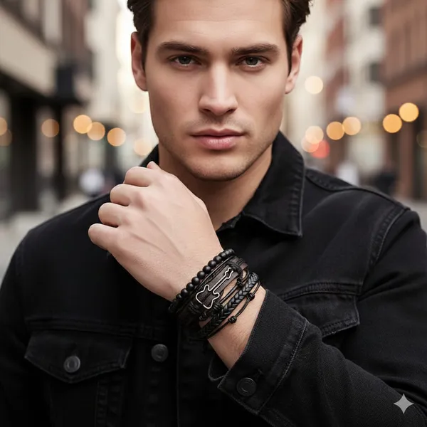 Men's_Multi_Layer_Black_Leather_Bracelet_with_Cross_Charm_|_Adjustable_Wrap_Wrist_Band_|_Stylish_Casual_&_Party_Wear_Bracelet_for_Boys_&_Men_|Black_And_Brown_Leather_Bracelet_For_Men_Pack_Of_4
