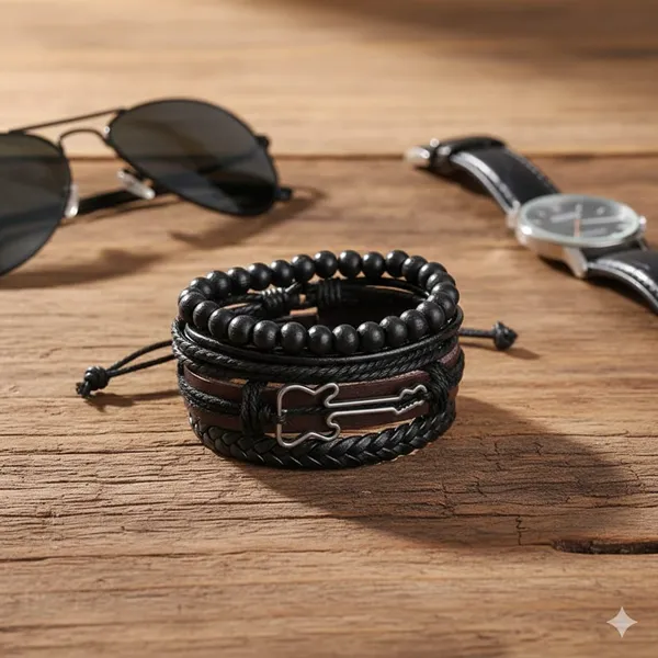 Men's_Multi_Layer_Black_Leather_Bracelet_with_Cross_Charm_|_Adjustable_Wrap_Wrist_Band_|_Stylish_Casual_&_Party_Wear_Bracelet_for_Boys_&_Men_|Black_And_Brown_Leather_Bracelet_For_Men_Pack_Of_4