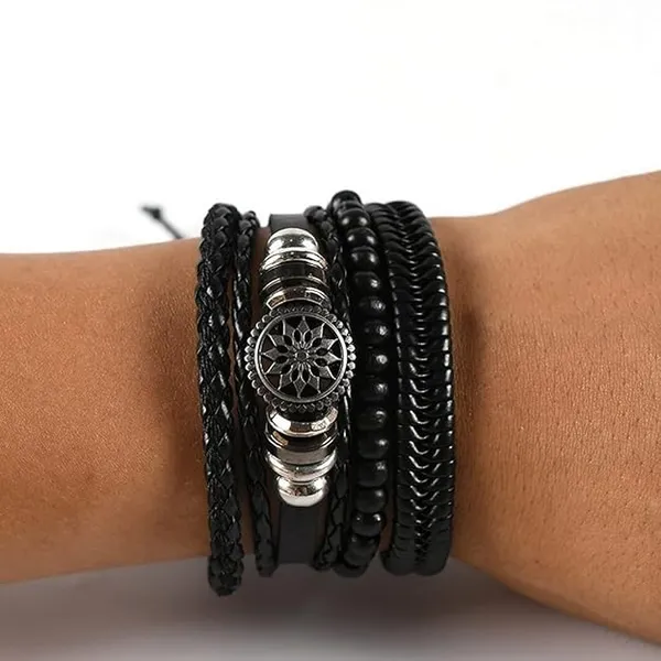 Leather_Bracelet_Set,_Punk_Rock_Style,_Braided_Vintage_Tree_of_Life,_Angel_Wings,_Feather_Bangles,_Alloy,_Brown,_Silver,_Black,__4Pieces