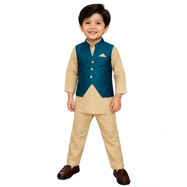 Teal_Green_Premium_Silk_Kurta_Pajama_Jacket_Set_For_Kids