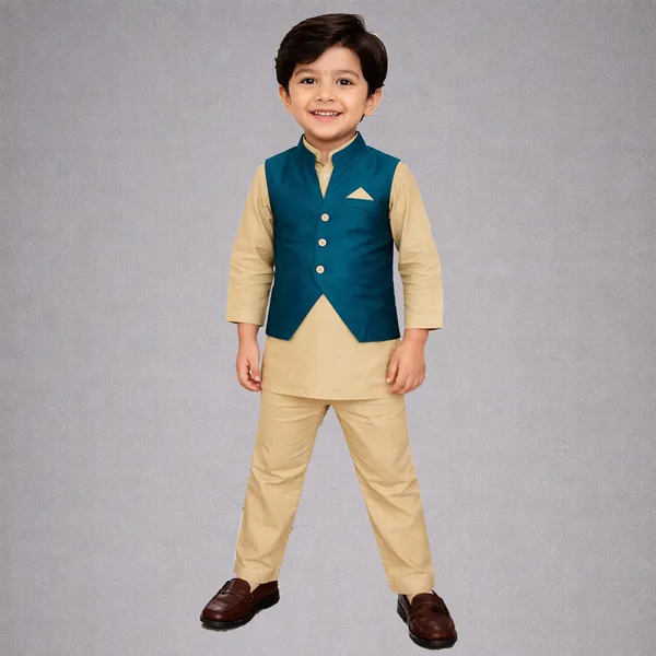 Teal_Green_Premium_Silk_Kurta_Pajama_Jacket_Set_For_Kids