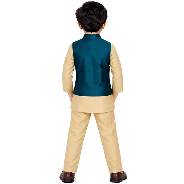 Teal_Green_Premium_Silk_Kurta_Pajama_Jacket_Set_For_Kids
