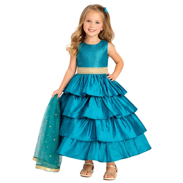 Teal_Green_Premium_Three_Tire_Lehenga_Choli_For_Kids