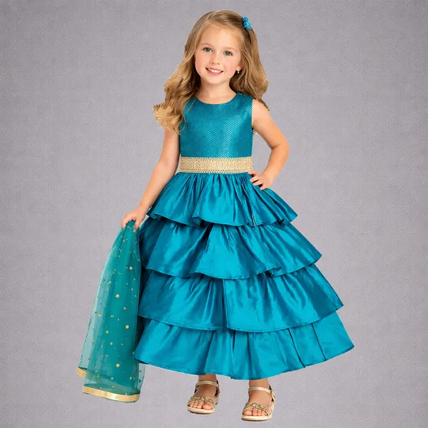 Teal_Green_Premium_Three_Tire_Lehenga_Choli_For_Kids