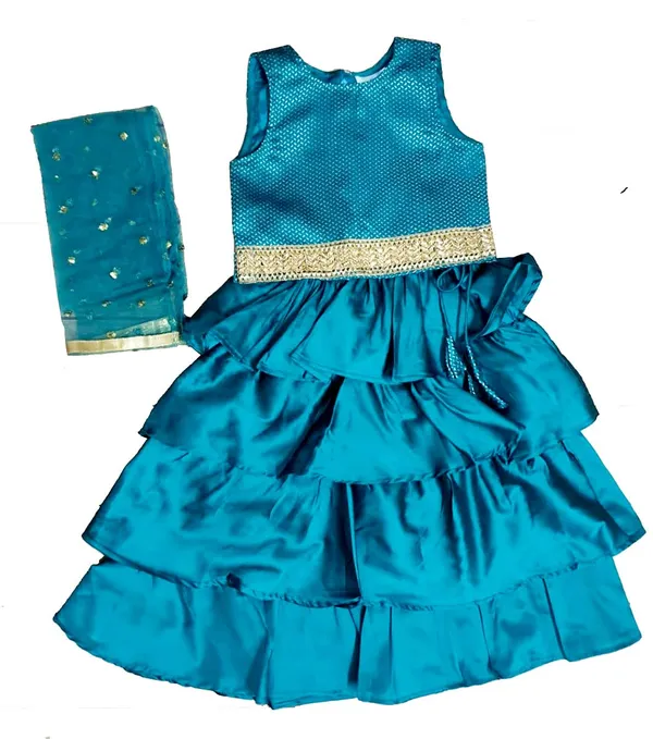 Teal_Green_Premium_Three_Tire_Lehenga_Choli_For_Kids