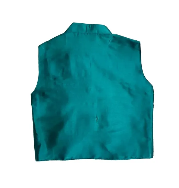 Teal_Green_Premium_Silk_Kurta_Pajama_Jacket_Set_For_Kids