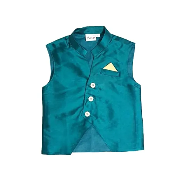 Teal_Green_Premium_Silk_Kurta_Pajama_Jacket_Set_For_Kids
