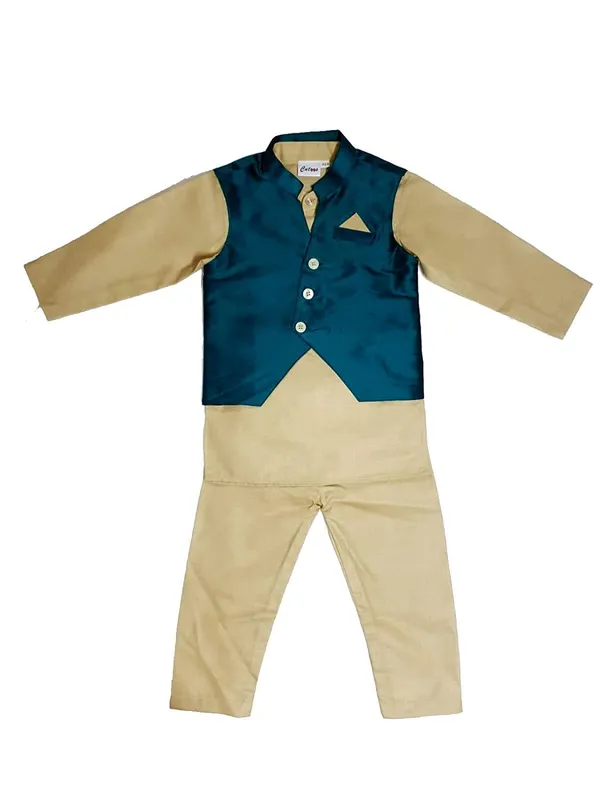 Teal_Green_Premium_Silk_Kurta_Pajama_Jacket_Set_For_Kids