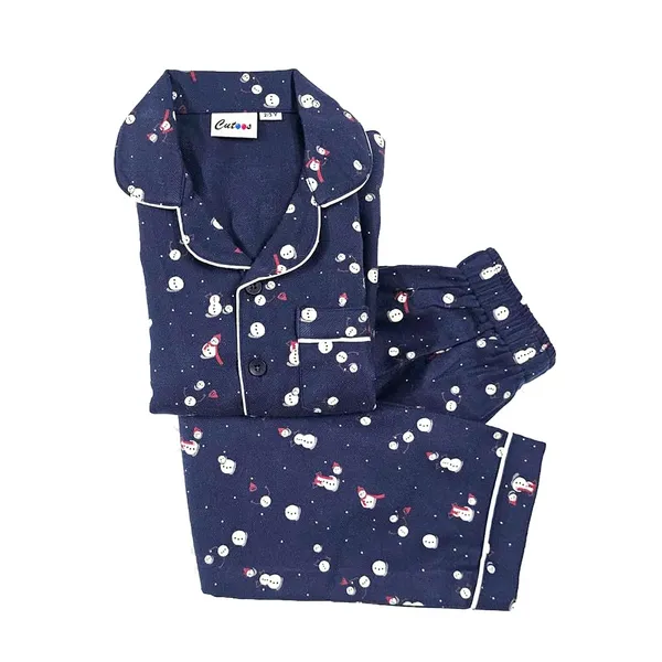 Snow_Man_Print_Cotton_Flannel_Long_Sleeve_Night_Suit_For_Kids