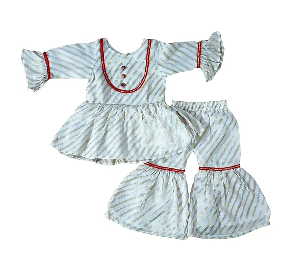 White_And_Gold_Premium_Stripes_Peplum_Sharara_Set_For_Kids